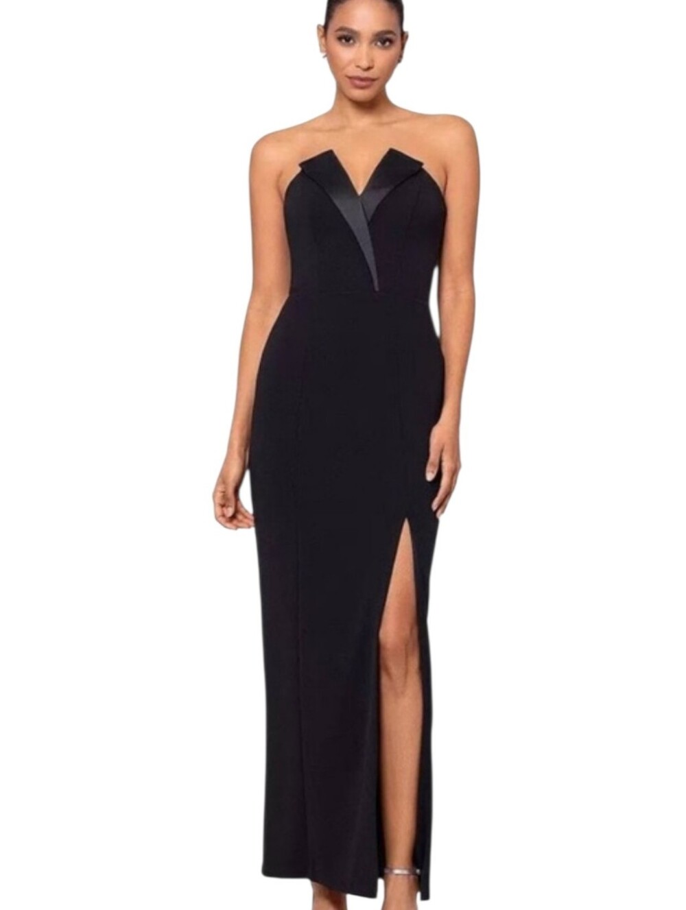 Betsy & Adam Black Strapless Maxi Dress with Front Slit